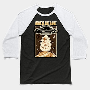 BELIEVE Retro UFO Abduction Design Baseball T-Shirt